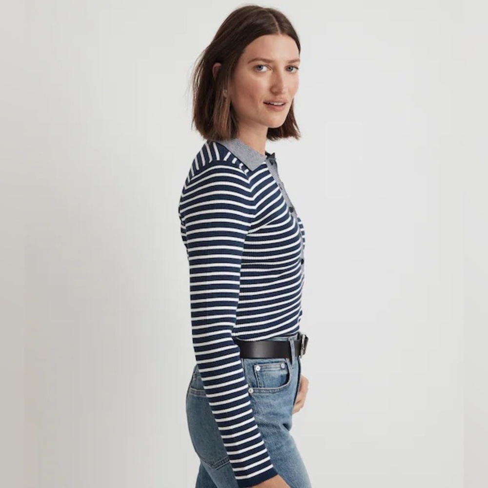 MADEWELL The Signature Knit Polo Sweater Top in Stripe Medium - Picture 2 of 12